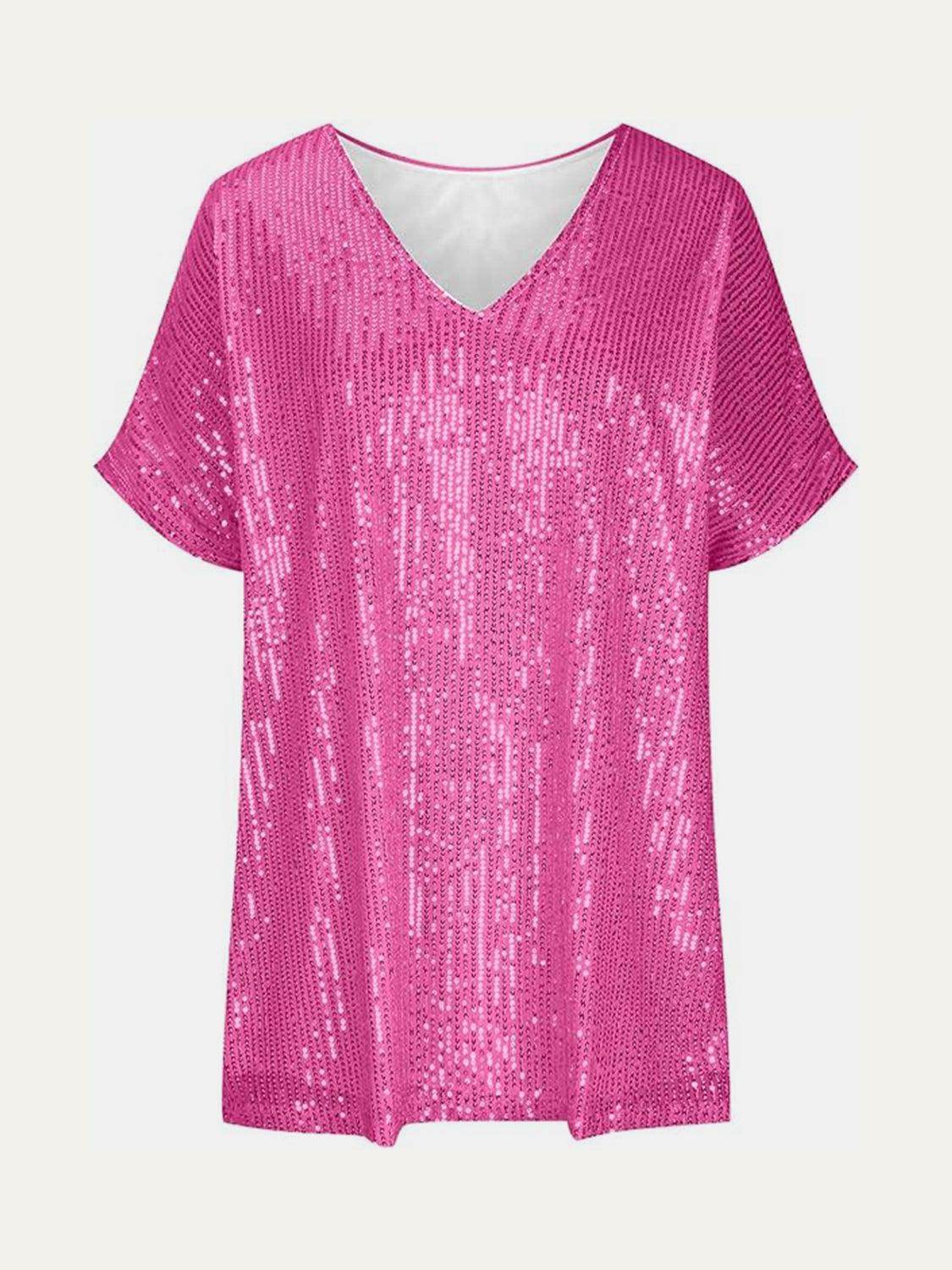 Full Size Sequin V-Neck Short Sleeve Top for Women - Selvanelle