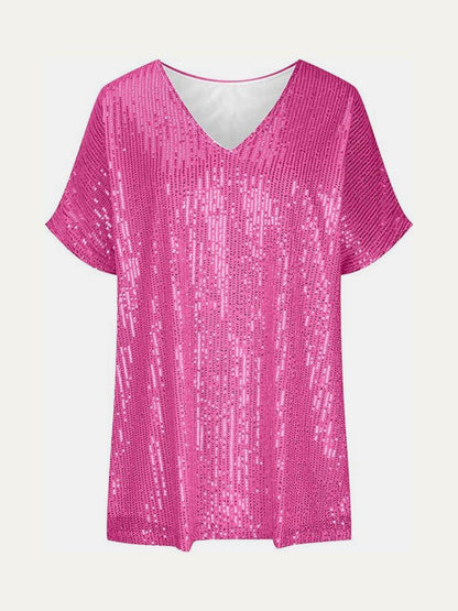 Full Size Sequin V-Neck Short Sleeve Top for Women - Selvanelle