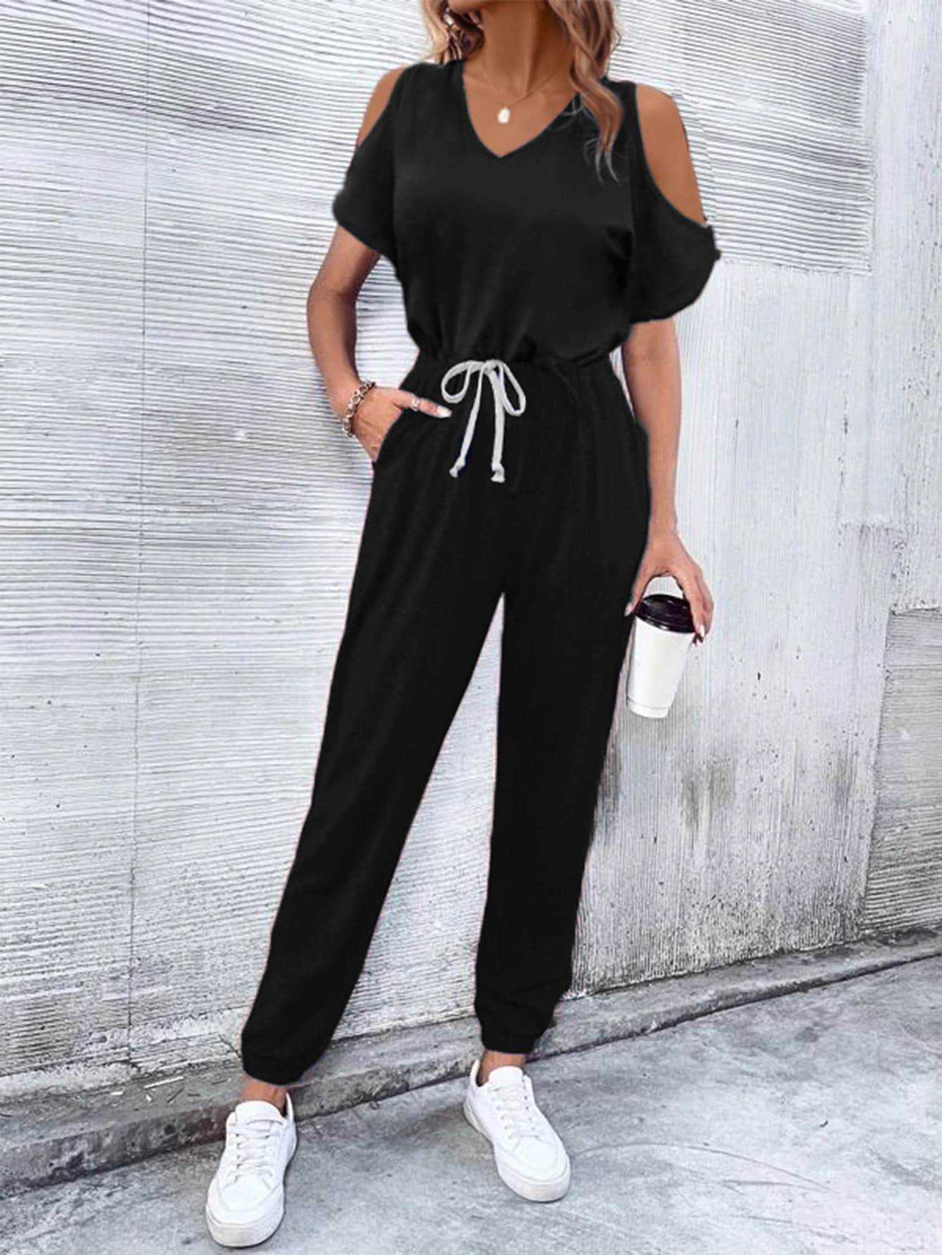 V-Neck Cold-Shoulder Jumpsuit with Pockets - Selvanelle