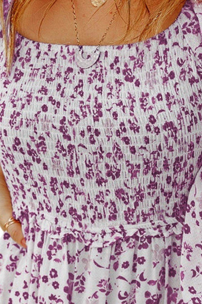 Smocked Floral Square Neck Balloon Sleeve Dress - Selvanelle