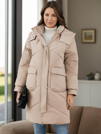 Long Sleeve Longline Hooded Winter Coat with Pockets - Selvanelle