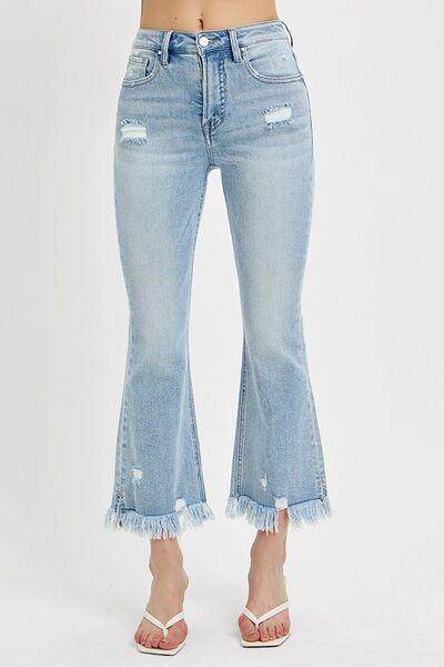 RISEN Full Size Raw Hem Distressed Cropped Flare Jeans Plus Size - Selvanelle