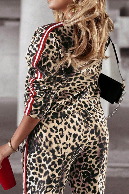 Plus Size Leopard Round Neck Top and Pants Set for Women - Selvanelle