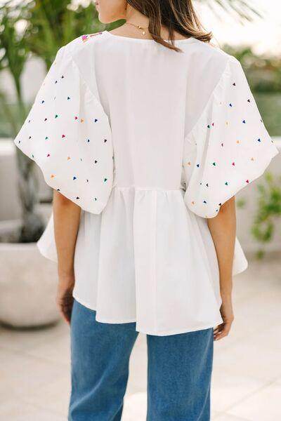 Printed V-Neck Puff Sleeve Top for Effortless Style - Selvanelle