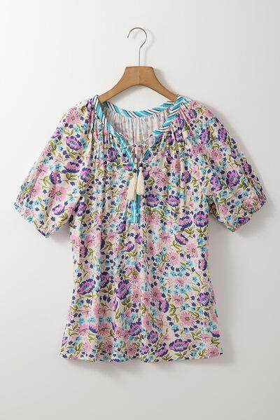Floral Tie Neck Half Sleeve Blouse for Women Stylish Wear - Selvanelle