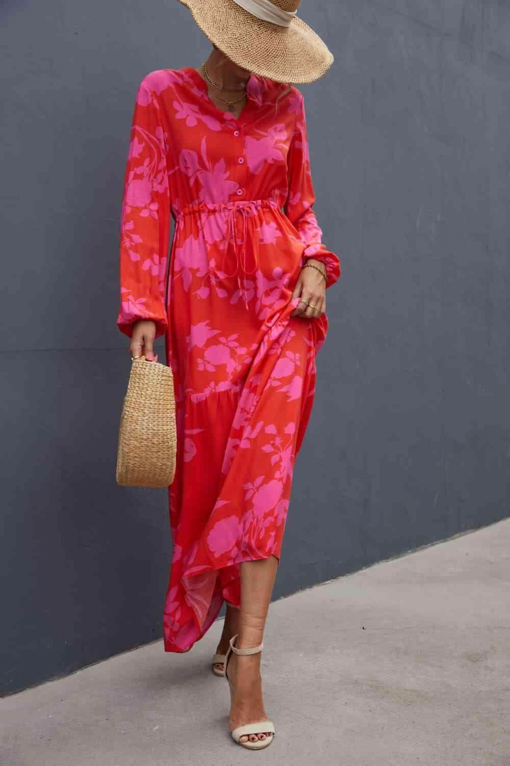 Floral Drawstring Waist Long Sleeve Dress for Women - Selvanelle