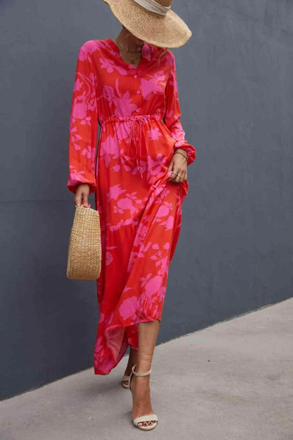 Floral Drawstring Waist Long Sleeve Dress for Women - Selvanelle