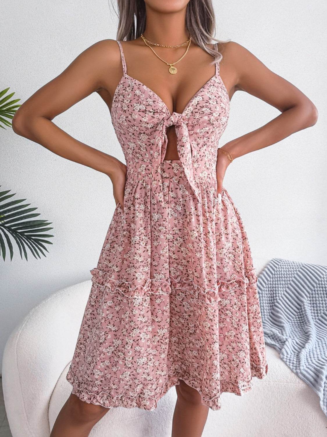 Frill Ditsy Floral Spaghetti Strap Mini Dress - Selvanelle