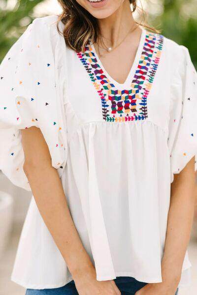 Printed V-Neck Puff Sleeve Top for Effortless Style - Selvanelle