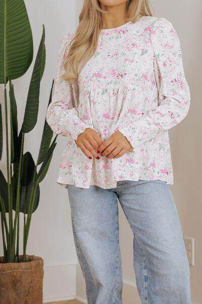 Printed Round Neck Long Sleeve Blouse for Women Fashion - Selvanelle