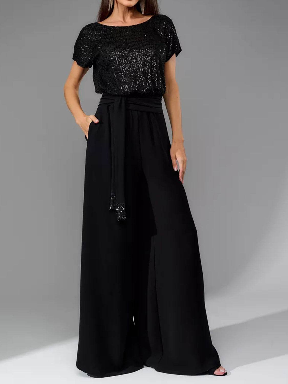 Full Size Sequin Round Neck Short Sleeve Wide Leg Jumpsuit - Selvanelle