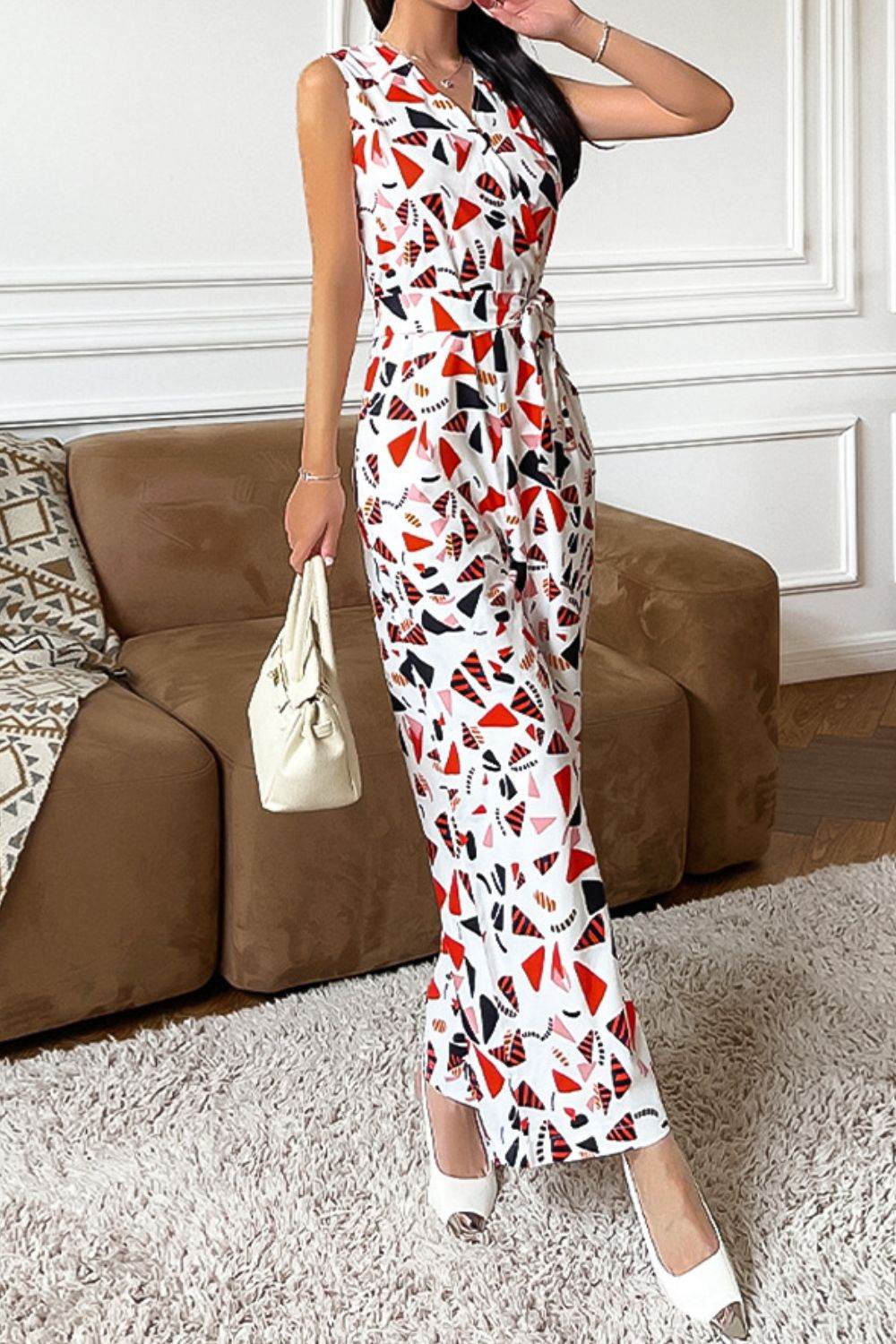 Printed Surplice Neck Sleeveless Jumpsuit - Selvanelle
