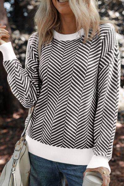 Striped Round Neck Long Sleeve Sweater for Women Fashion - Selvanelle